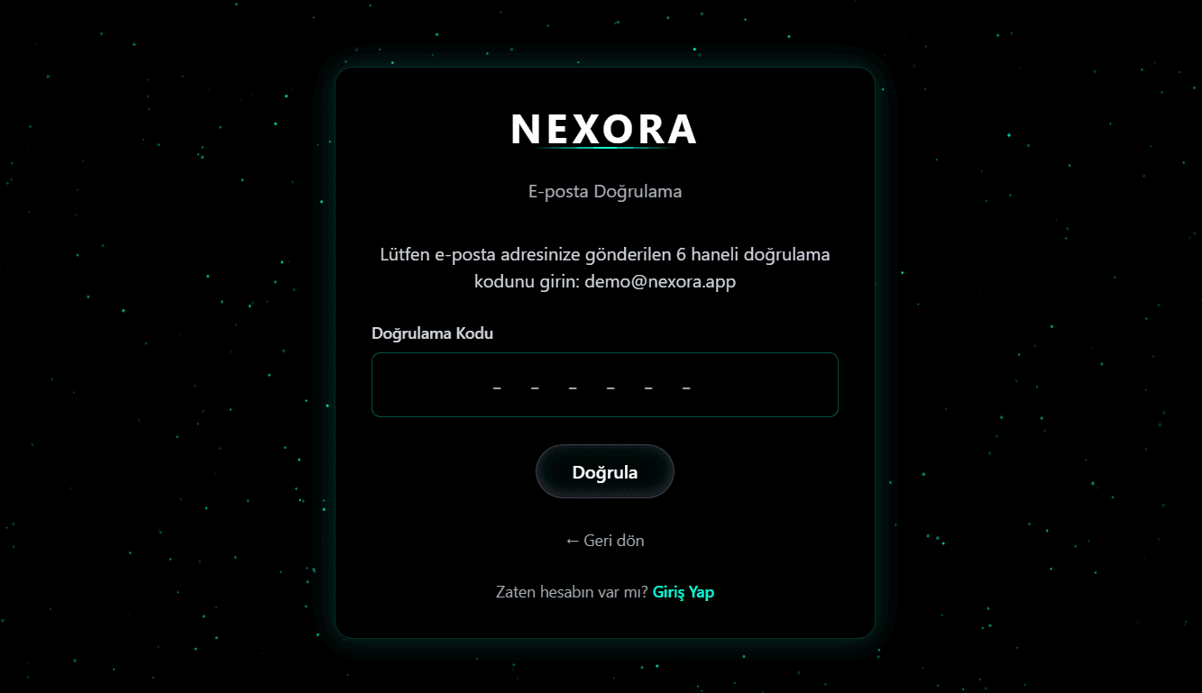Nexora email verification interface requesting a six-digit code