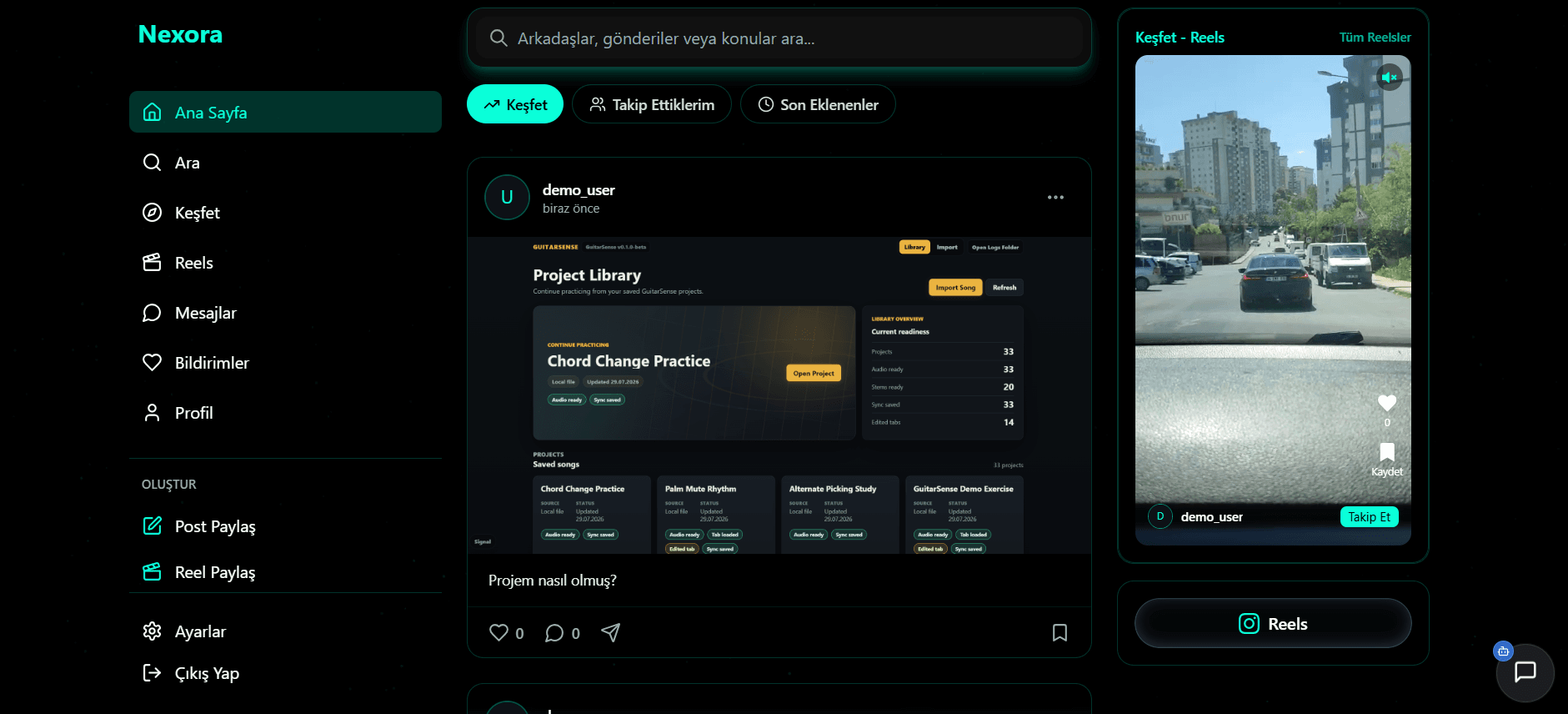 Nexora home feed with AI-assisted content analysis and a Reels preview