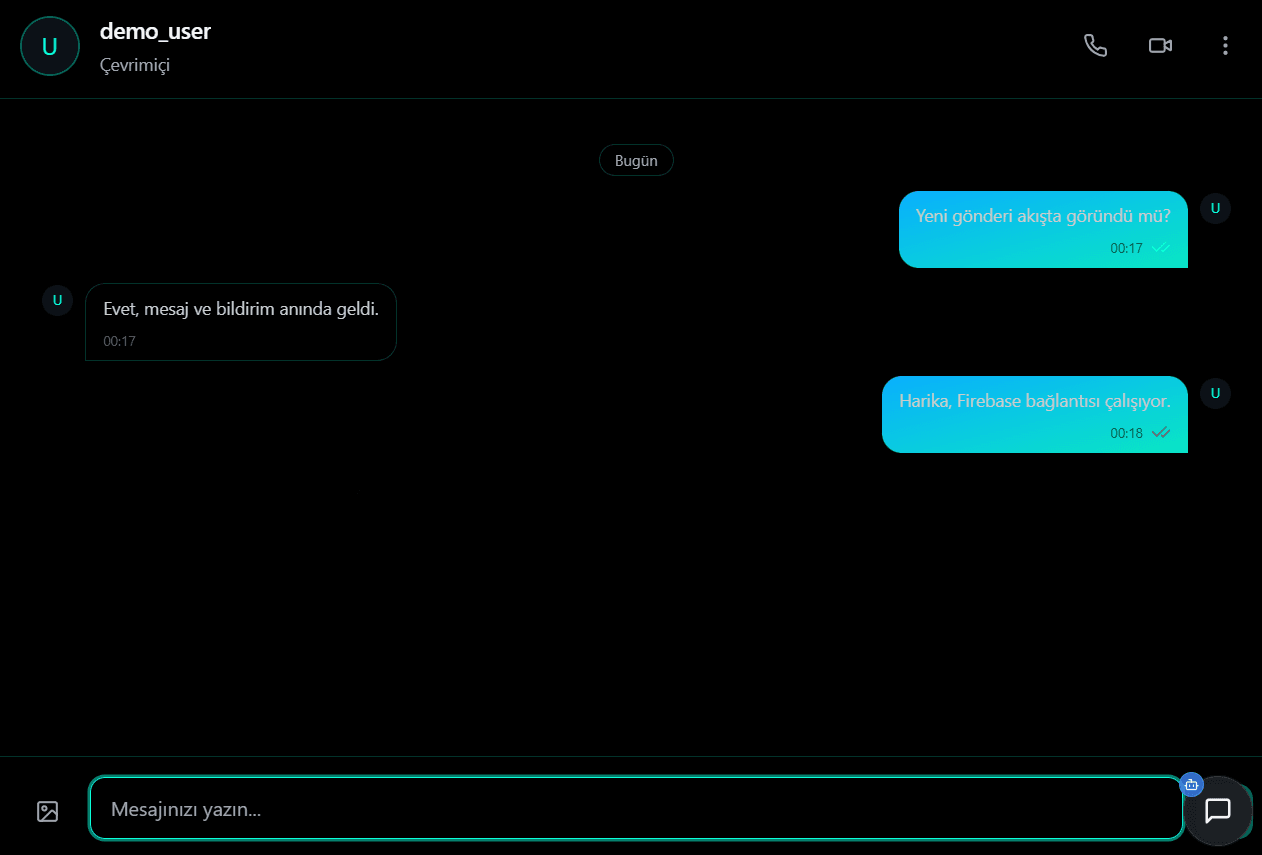 Nexora direct-message interface showing an online demo conversation and realtime message updates