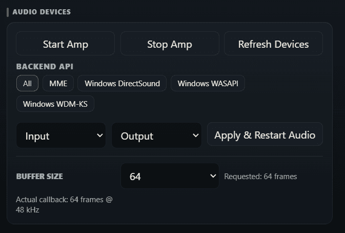 GuitarSense advanced audio settings with backend, device and buffer-size controls
