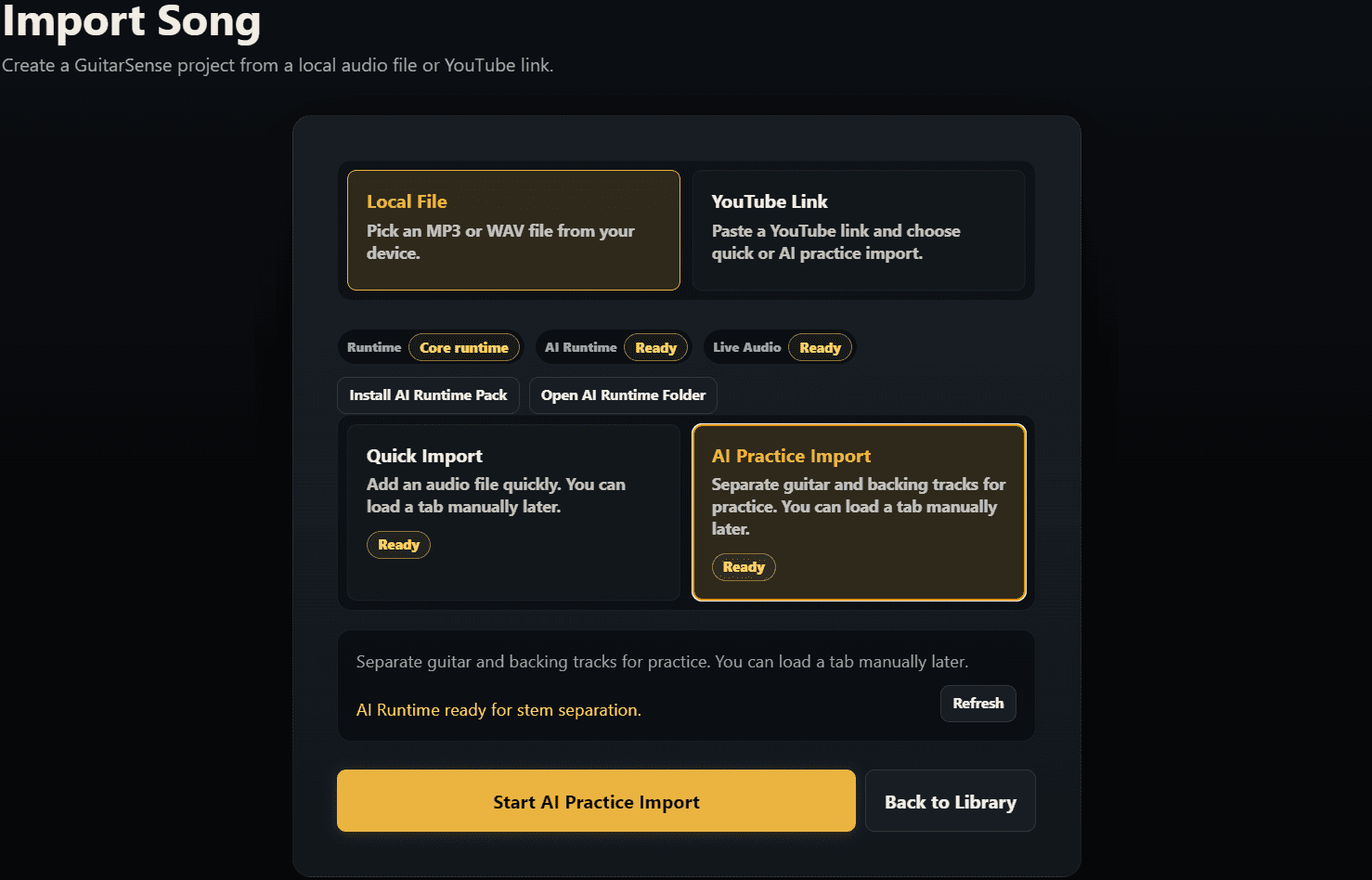 GuitarSense import screen showing local, YouTube and AI-assisted import options