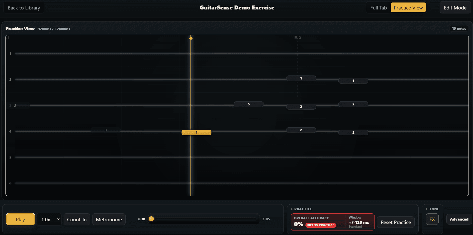 GuitarSense Practice View with tablature, playback controls and practice feedback