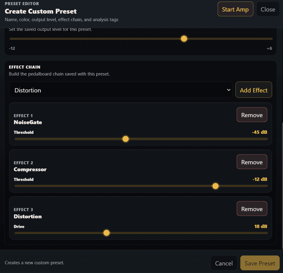 GuitarSense preset editor with output level and guitar effects chain controls